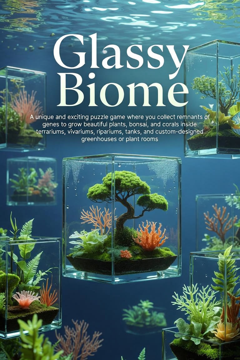 Glassy Biome cover art — glass terrariums with bonsai and coral