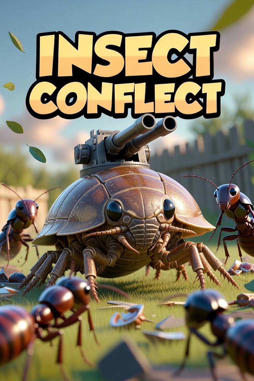 Insect Conflict cover art — pillbug tank and ant warriors on a backyard lawn